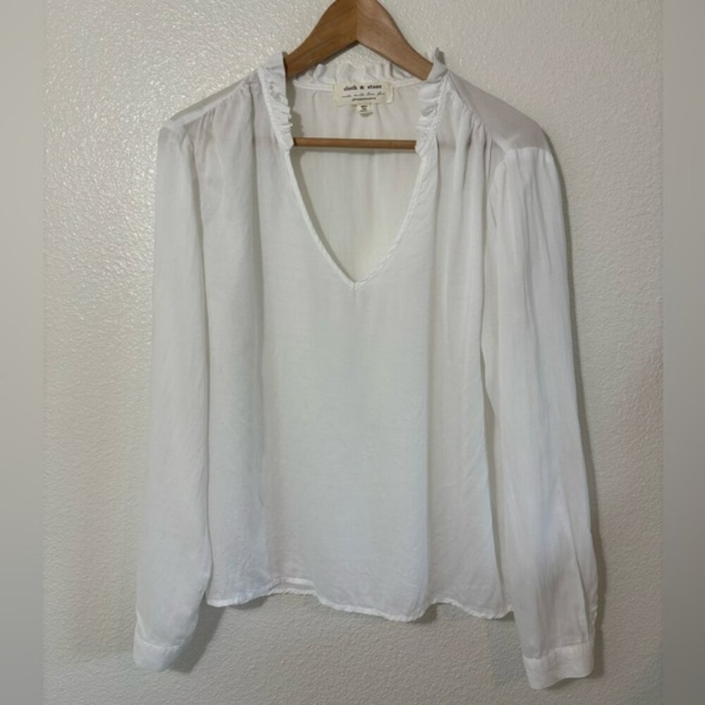 Cloth & Stone for Anthropologie Long Sleeve Ruffle Neck White Blouse Size XL